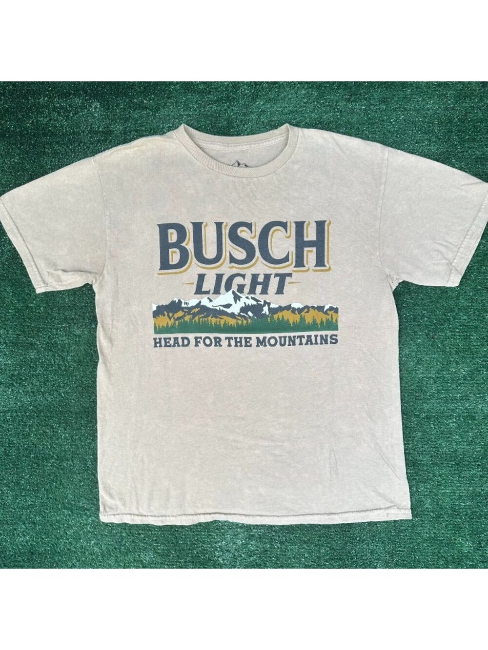 Busch Light Mountain T-Shirt Beige Tan XS Party Beer Gorpcore Hiking Outdoor
